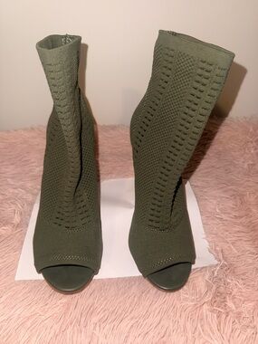 Steve Madden Olive Green Knit Peep-Toe Ankle Boots